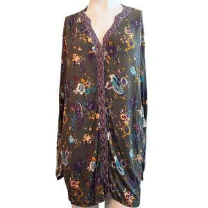 Womens Size 2X Soft Green Floral Button Up Stretch Long Sleeve Roll Tab NWT